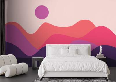 Modern Colorful Abstract Wave Papercut Style Background Design. Mountain and Sun illustration Wall mural