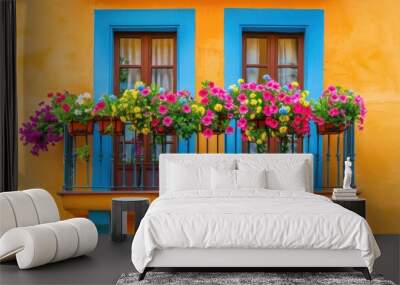 Vibrant Balcony with Colorful Flowers Wall mural