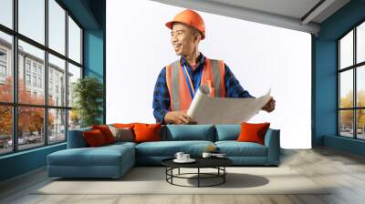 Young Asian male construction worker opening a scroll of blueprints, industrial and construction concepts, isolated white background. Wall mural