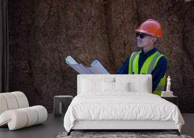 young male construction worker carrying blueprints, reading and analyzing them Wall mural