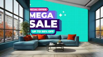 Mega sale banner design with flat retro style, trendy colorful background for media promotion social media post and web banner Wall mural