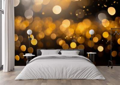 Golden bokeh, raining night, blurry lights, blurry background, gold confetti on a black background Wall mural