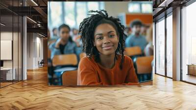 Happy black women university student attending lecture in classroom and looking at camera from back of class Wall mural