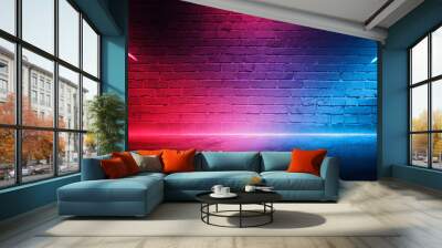 Neon light on brick walls that are not plastered background and texture. Lighting effect red and blue neon background graphic arts wall decoration backdrop Wall mural