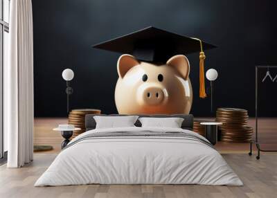 Piggy bank with a black graduation hat with coins as educational loan symbol Wall mural