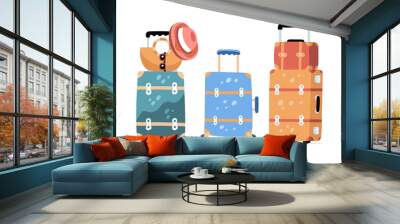 Set of suitcases for comfortable trip. Trendy luggage for stickers, web design, social media and advertisement. Tourism day. Hand drawn cartoon flat vector illustration Wall mural