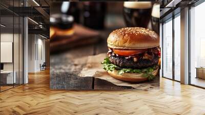 A dark light beer and a hamburger in a bar setting. Wall mural