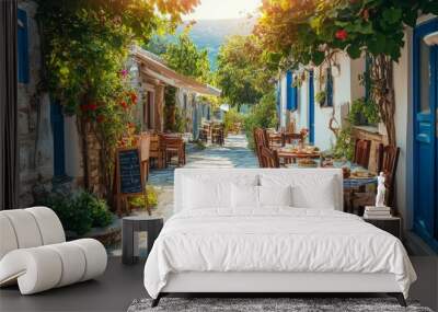 A street in a typical Greek traditional town in Greece has an outside cafe. Coffee and lunch food on the table Wall mural