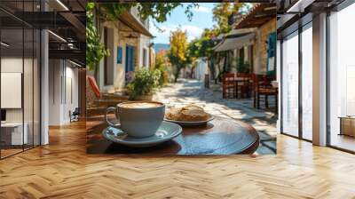 A street in a typical Greek traditional town in Greece has an outside cafe. Coffee and lunch food on the table Wall mural