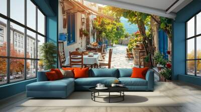 A street in a typical Greek traditional town in Greece has an outside cafe. Coffee and lunch food on the table Wall mural