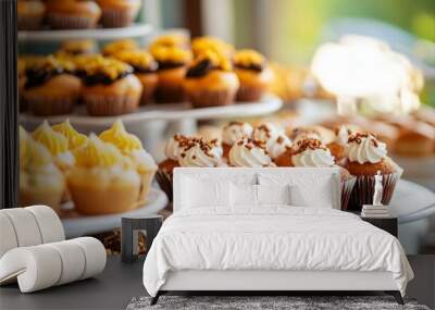 Above view with copyspace of freshly made blueberry muffins in a rustic environment with milk and coffee on the table Wall mural