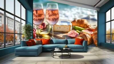 Beach picnic in the summertime. croissants, fruits, camembert cheese, and rose wine in glasses. Wall mural