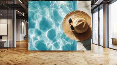 straw hat and sunglasses by a crystal-clear, blue marble swimming pool with waves and reflections of the sun and shadow. Summer vacation creative background - minimalistic fashion aesthetic Wall mural