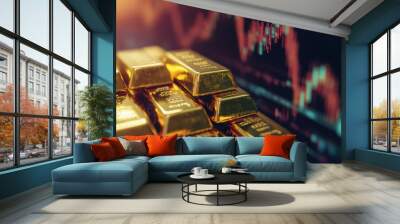 A gold bars with stock market chart Wall mural