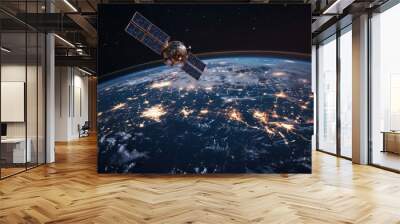 Global network: Satellite in space over earth at night Wall mural