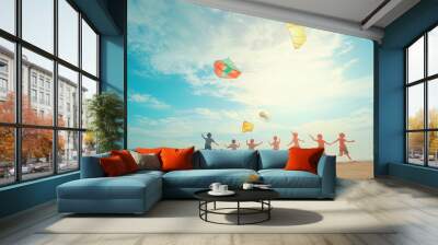 Children Flying Kites on the Beach Wall mural