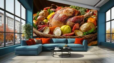 Roasted Chicken and Vegetables in a Basket Wall mural