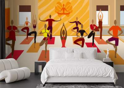 Yoga class tree pose variations banner/ Illustration a yoga studio room. Instructor is leading people from beginner to advanced level  Wall mural