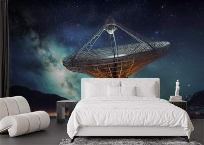 Big telescope, a large satellite dish against the night sky tracks the stars. Technology concept, search for extraterrestrial life, wiretap of space.  Wall mural