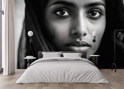 Black and white portrait of elegant beautiful hindu indian female model. Woman in sari. Wall mural