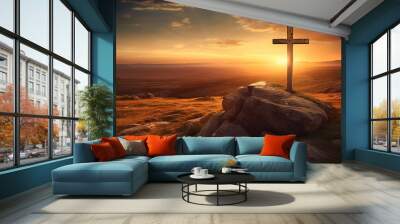 Cross at sunset in a field. Ascension day concept. Christian Easter. Faith in Jesus Christ. Christianity. Church worship, salvation concept Wall mural