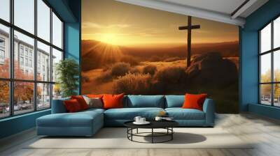 Cross at sunset in a field. Ascension day concept. Christian Easter. Faith in Jesus Christ. Christianity. Church worship, salvation concept Wall mural