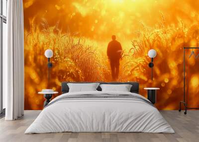 Man walking through a golden wheat field. Concept of searching of hope.  Wall mural