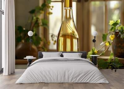 Mockup. of a clear yellow white wine bottle on a clean bright summer background. AI Wall mural