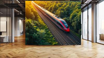 The high-speed train is driving at full speed thru the forest. AI-generated image	 Wall mural