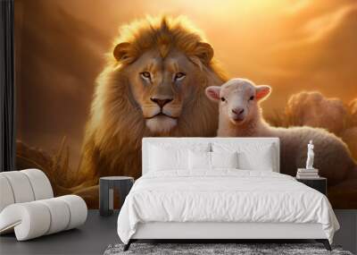 The Lion and the Lamb, Bible's description of the coming of Jesus Christ. AI-generated image Wall mural