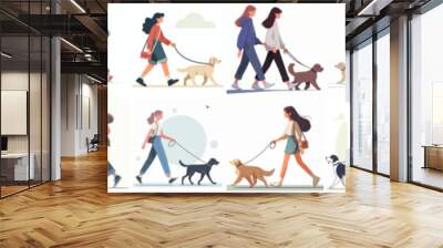 vector set of woman with dog in flat design style Wall mural