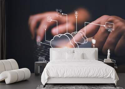 Businessman with cloud computing diagram show on hand. Cloud technology. Data storage. Networking and internet service concept. Wall mural