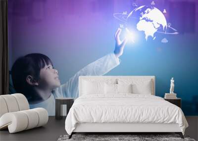 Metaverse Technology concepts. Little girl and experiences of metaverse virtual world on colorful background Wall mural