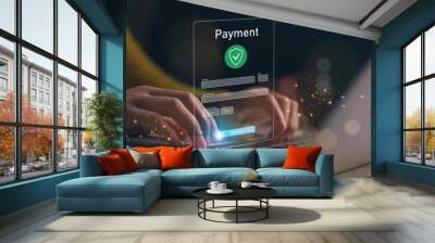 Online payment with digital marketing, Smartphone with banking online bill payment Approved concept button, credit card and network connection icon on business technology virtual screen background Wall mural