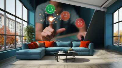 Online review tools, Customer review satisfaction feedback survey concept. finger of User touching check mark and face emoticon smile icon. customer services best excellent business rating experience. Wall mural