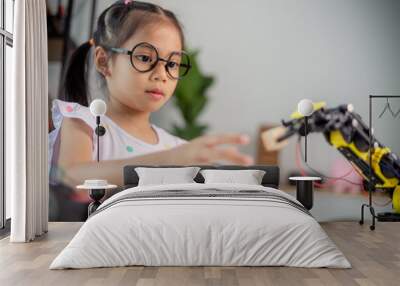 STEM education concept. Asian students learn at home by coding robot arms in STEM, mathematics engineering science technology computer code in robotics for kids' concepts Wall mural