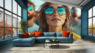 A close-up of a woman wearing bright blue sunglasses surrounded by blurred people, capturing a sense of style, individuality, and modern fashion in an outdoor setting. Wall mural