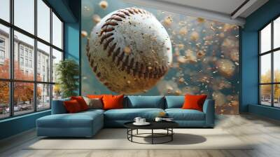 A close-up of a worn baseball seemingly suspended in air, surrounded by dynamic dirt particles Wall mural