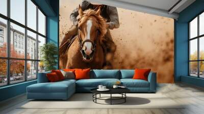 A cowboy, clad in a hat and typical attire, is captured in motion while riding a brown horse at high speed, leaving a trail of dust in a field. Wall mural