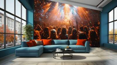 A crowd of partygoers enjoy a live concert with dazzling light effects and golden confetti filling the air Wall mural