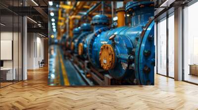 A detailed close-up of vivid blue pipeline valves and machinery in a factory, highlighting industrial textures and tones Wall mural