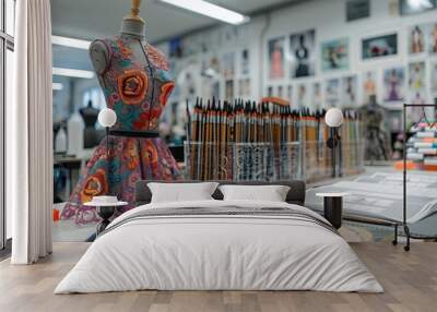 A detailed fashion design sketch lays beside a mannequin wearing a dress matching the print and structure Wall mural