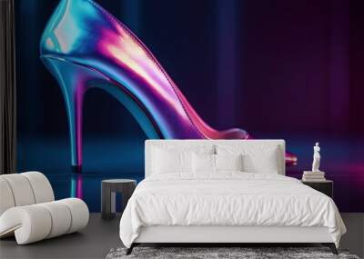 A glamorous high-heeled shoe radiates vibrant neon colors, capturing the essence of modern fashion in a captivating and stylish visual display. Wall mural