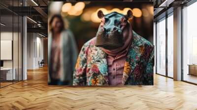 A hippo dressed in a vibrant floral jacket stands in an urban setting with a blurred background of lights, mixing wildlife with an urban fashion sense. Wall mural