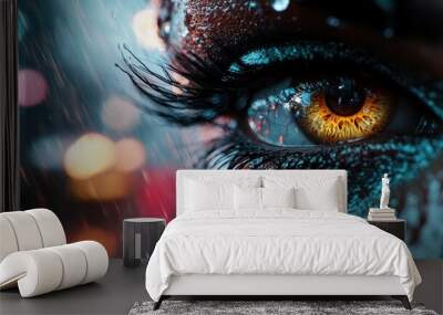 A mesmerizing close-up of a brightly colored eye set against an intense, vibrant urban backdrop, capturing the viewer's attention with its vivid detail and rain-soaked ambiance. Wall mural