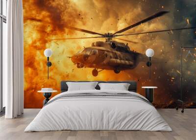 A military helicopter is seen flying away from a huge fiery explosion, with smoke and debris filling the air Wall mural