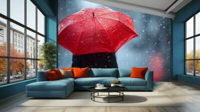 A person with a red umbrella is captured from behind, shielded from rain against a bokeh light background Wall mural