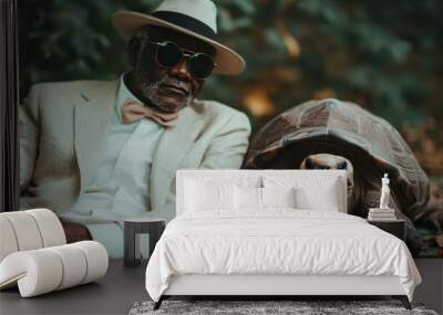 A poised man in a beige suit and fedora sits next to a large tortoise, epitomizing a calm and stylish demeanor in a nature-filled setting. Wall mural