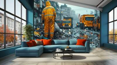 A sanitation worker in yellow protective clothing cleans a litter-strewn, waterlogged urban street Wall mural