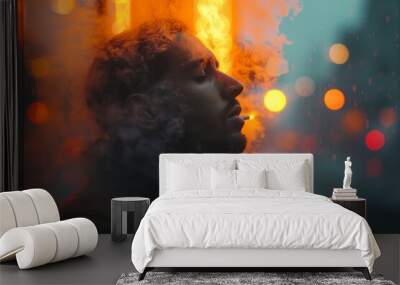 A solitary figure, engulfed in a cloud of smoke, gazes at the glowing ember of his cigarette in a contemplative moment captured in a screenshot Wall mural